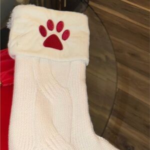 Cream Knit Christmas Stocking with Red Paw Print
